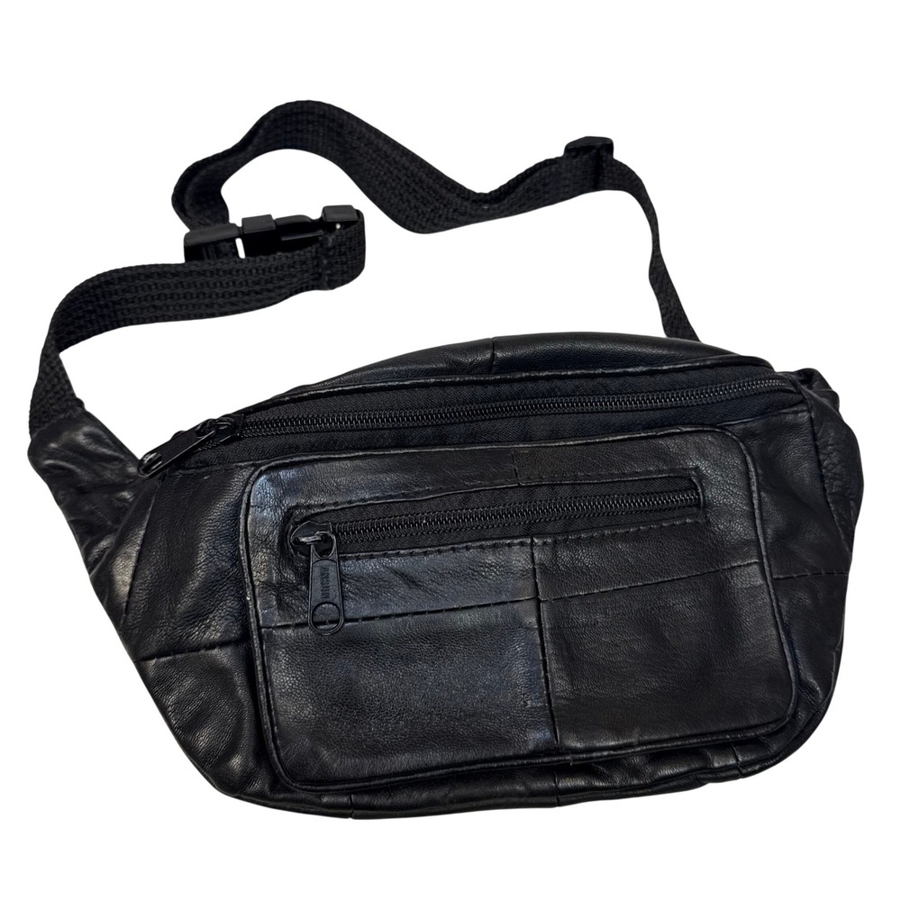 Vintage Genuine Black Leather Fanny Pack Waist Bag w/ Pockets & Adjustable Strap